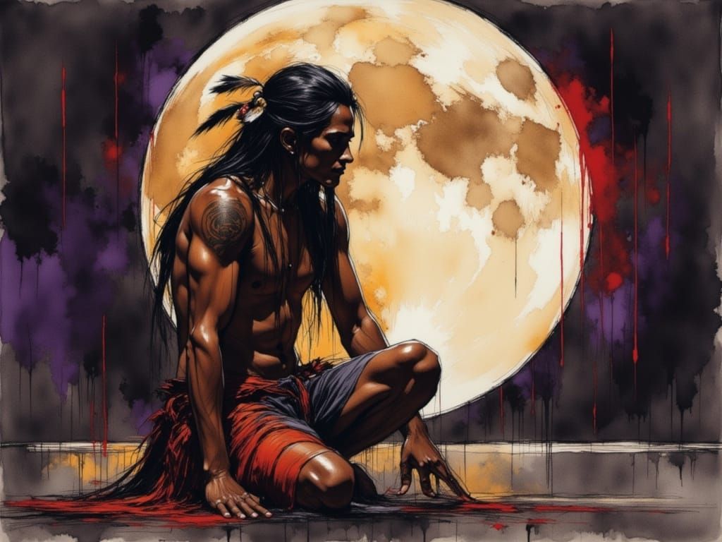Native American Man Under Moon in Grungy Oil Painting Style