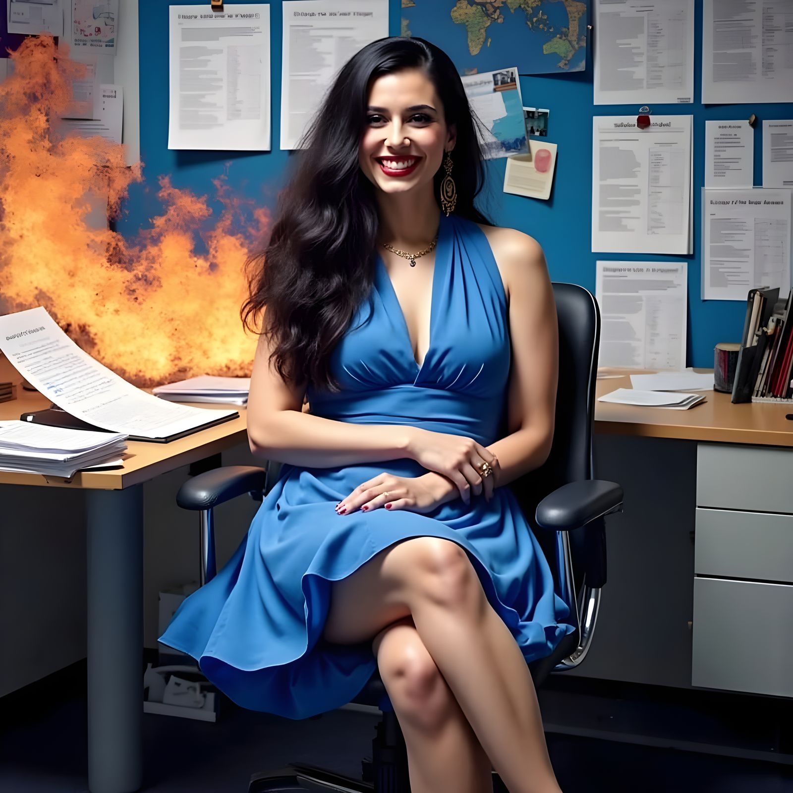 Woman in Vibrant Blue Dress, Confidently Seated in an Office...