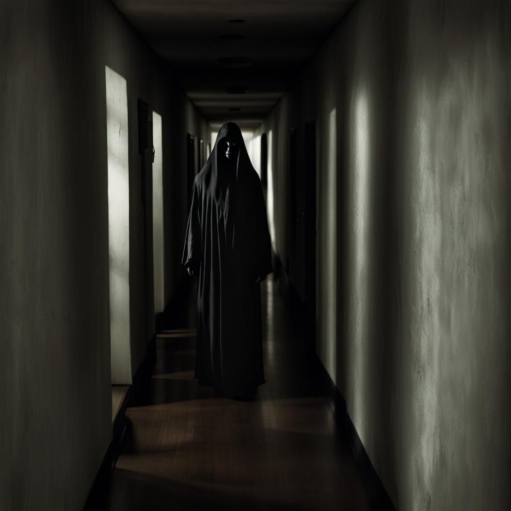 Ghostly figure in a hallway with shadows, horror, scary, dre...