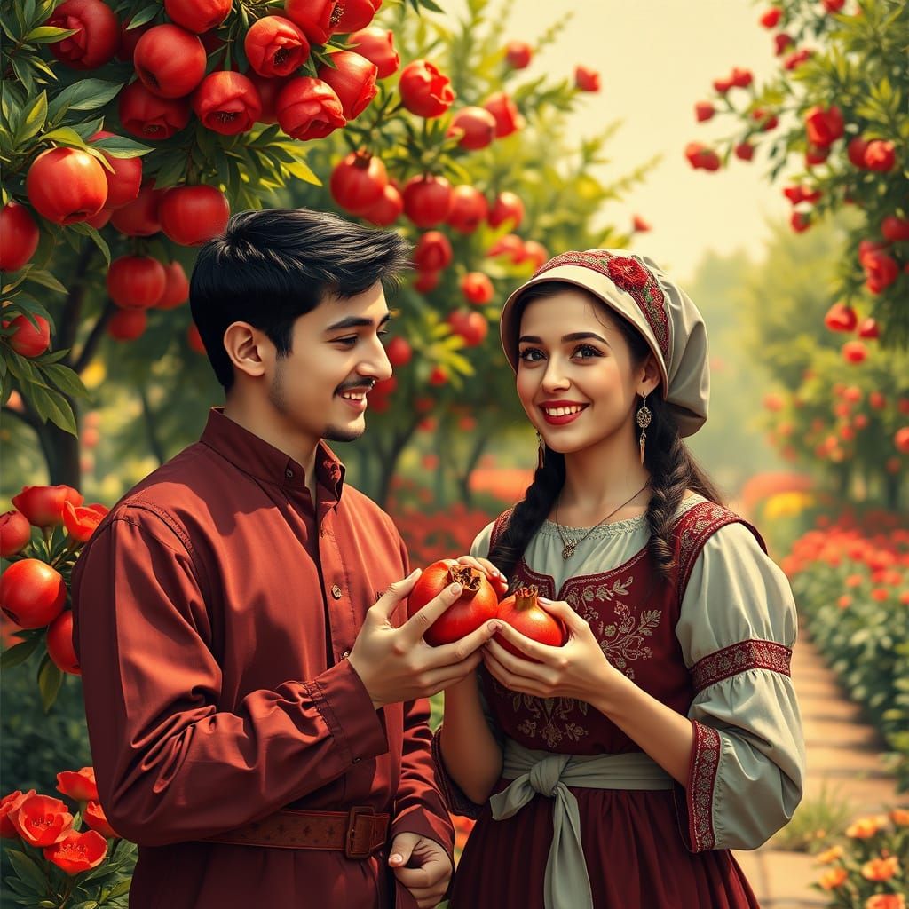 Turkish Couple in Flower Park, Vintage Poster Style