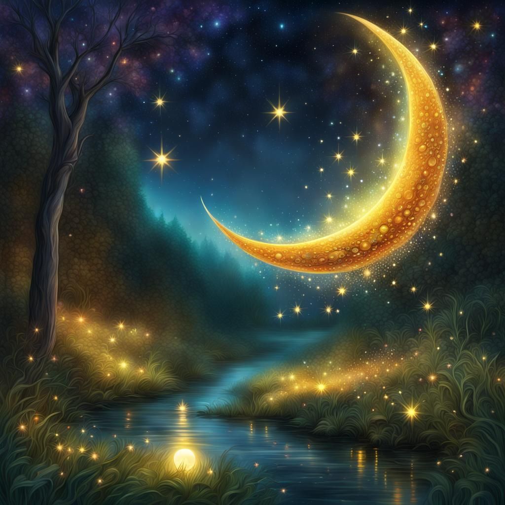 Fireflies Under Jeweled Stars: A Fantasy Illustration