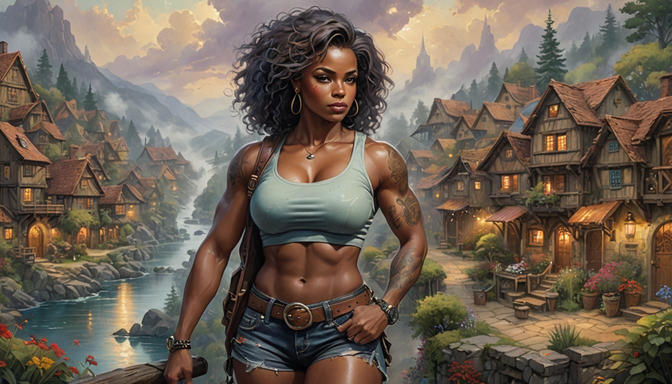 Watercolor Bodybuilder in Ethereal Village Scene