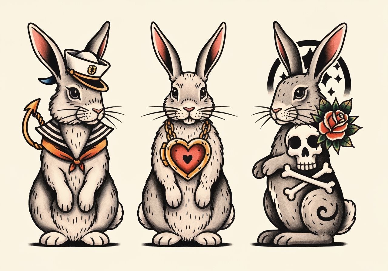 Rabbit Tattoo Flash Sheet in Traditional Style