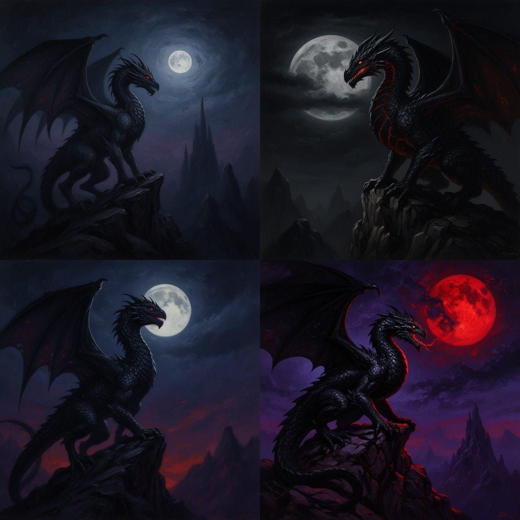 Dark Dragon on Mountain Ledge Gazes at Ominous Moon