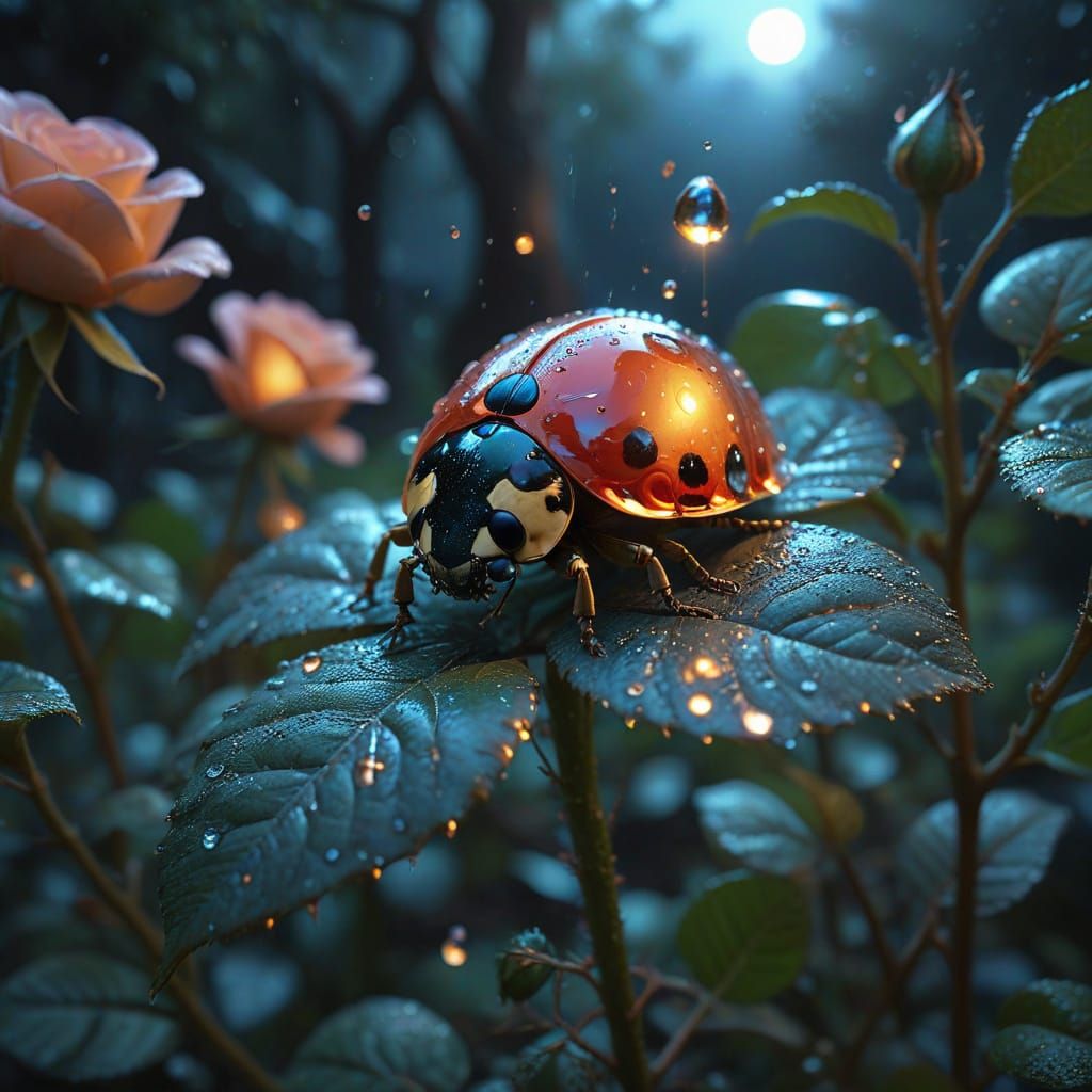 Ladybird Under Starry Night Skies in Vibrant Fantasy Realism