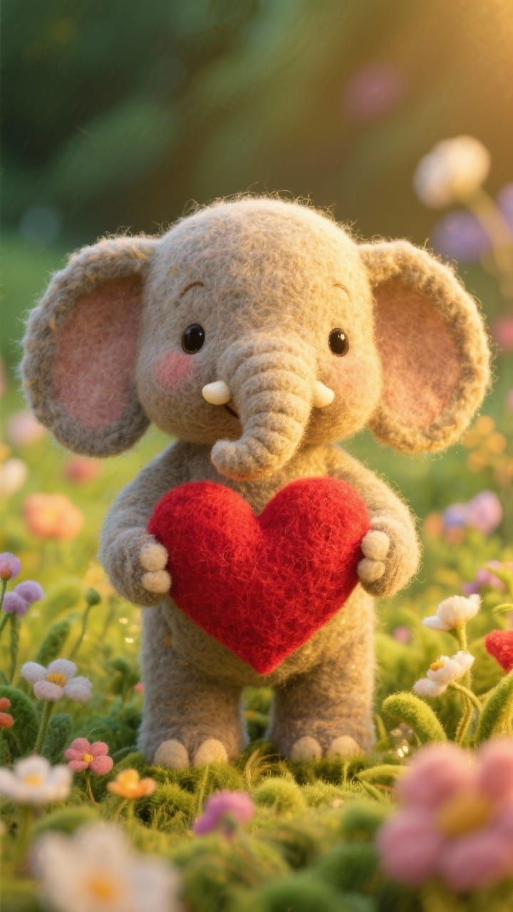 Felt Elephant with Heart in Meadow, Whimsical Style