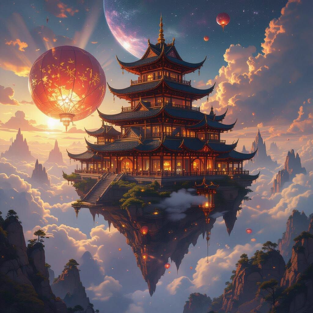 Floating Asian Kingdom in Cosmic Sky: Hyper-Realistic Oil Pa...