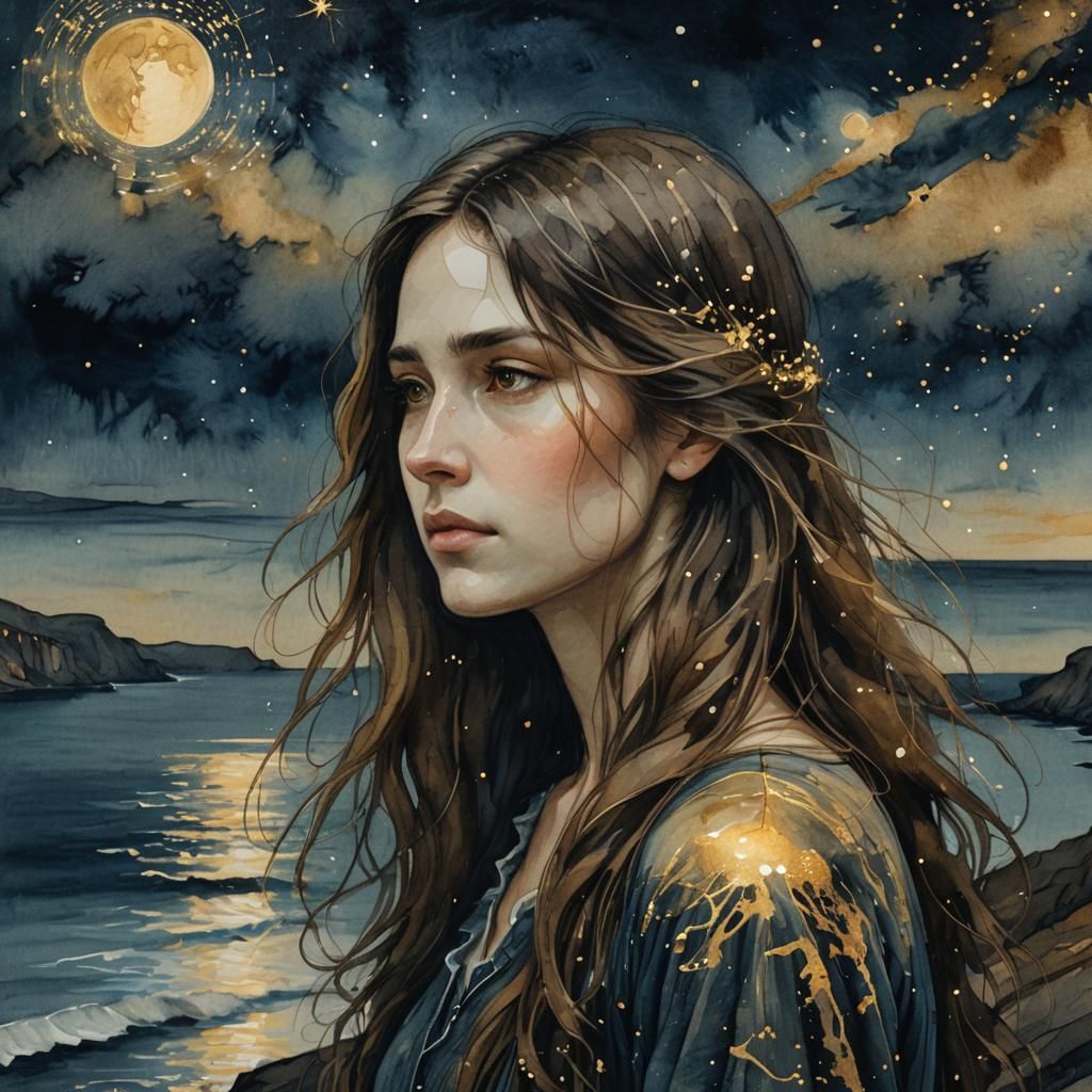 Romantic Dreamscape: Serene Woman Under Midnight Constellati...
