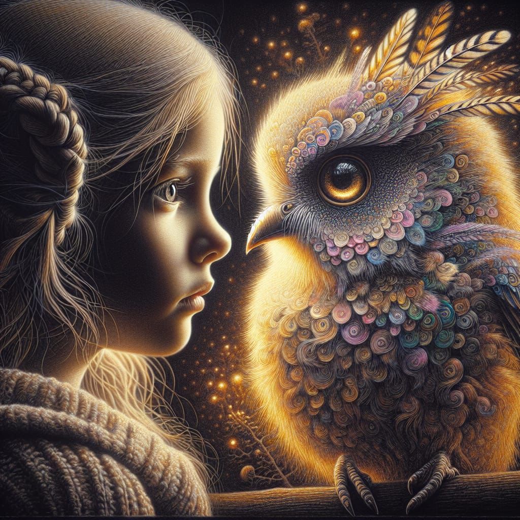Girl and Bird Portrait with Glowing Eyes