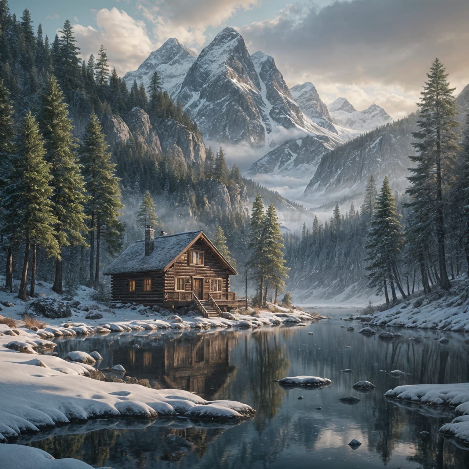Serene Cabin by Fjord: Detailed Matte Painting
