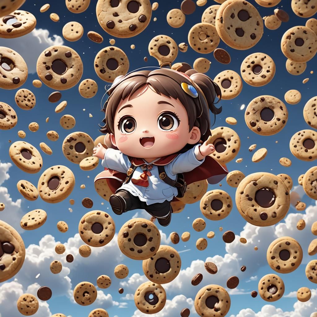 Chibi Character Soaring Through Cookie Skies