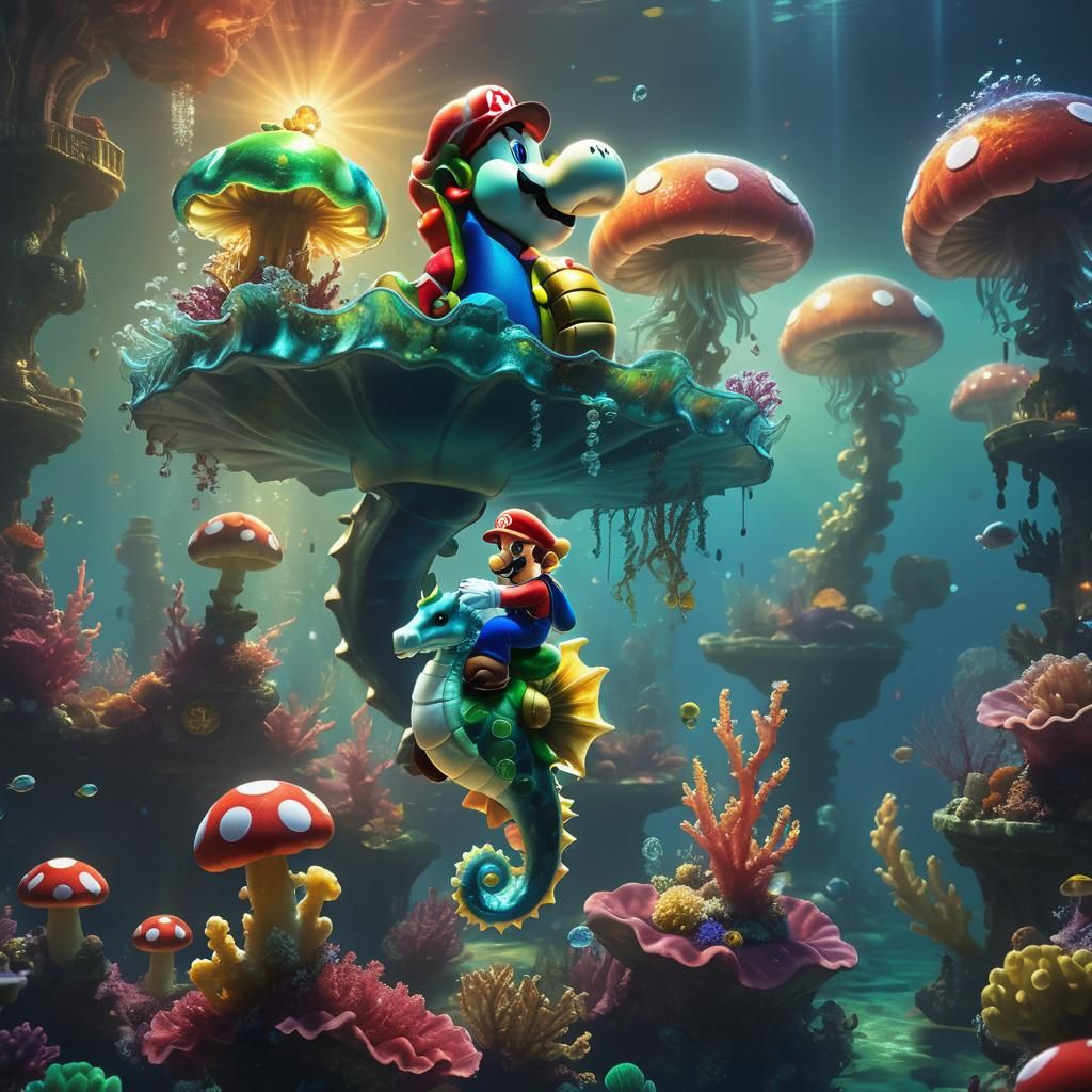 Super Mario Rides Seahorse in Underwater City