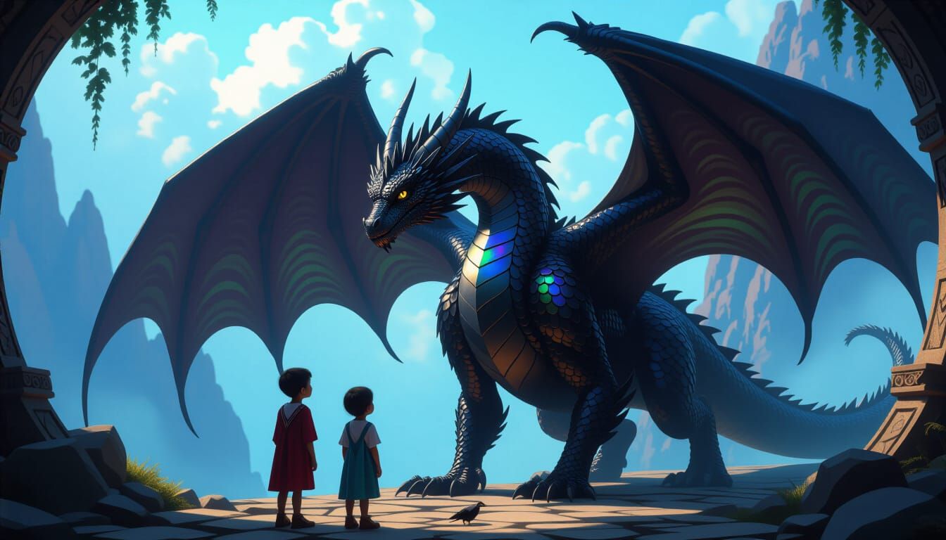 Black Dragon and Children: Dark Fantasy Concept Art