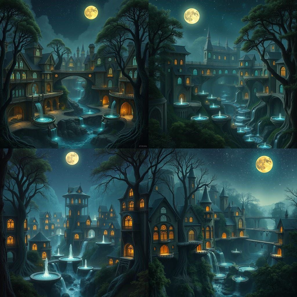 Elven Settlement in Wooded Valley at Night, Inspired by Rive...