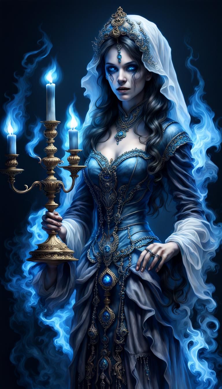 Ethereal Woman with Blue Flame Candelabra