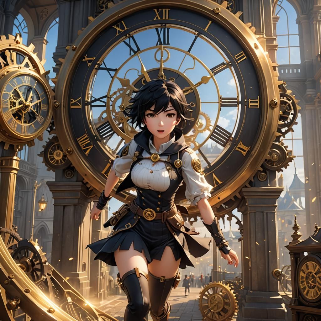 Anime Woman Running in Clock Tower: 3D Art