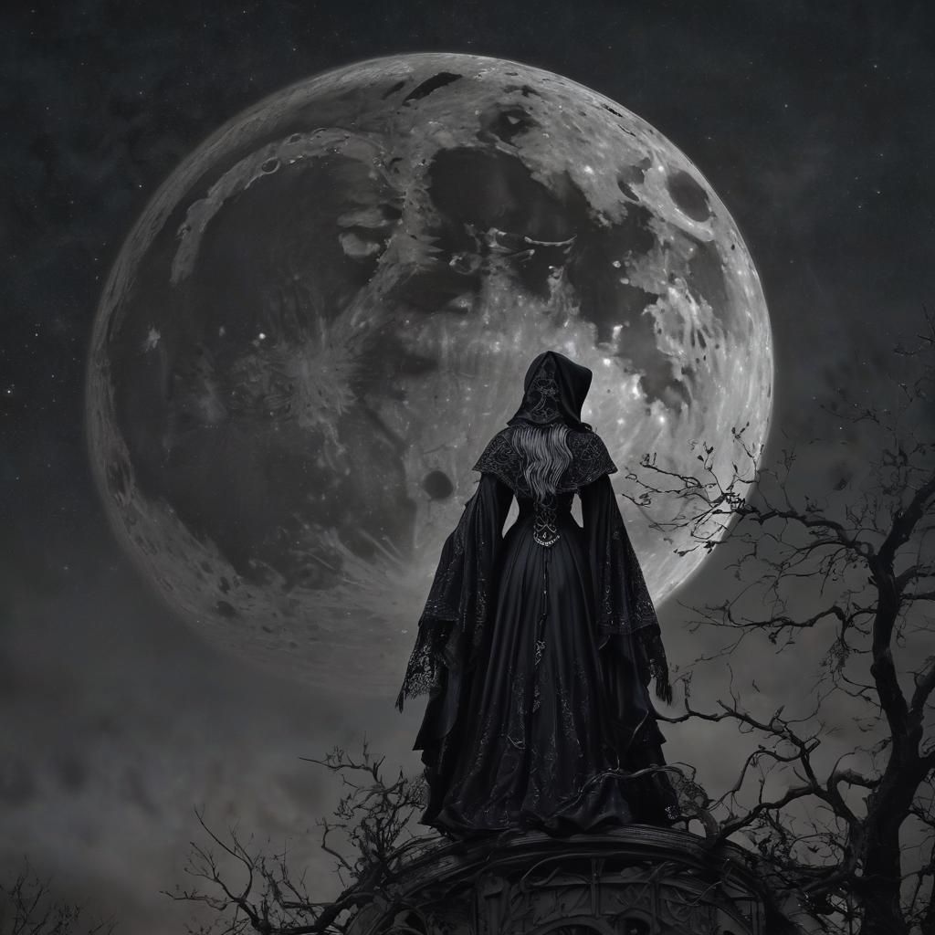 Gothic Witch Gazing at Full Moon in Dark Fantasy