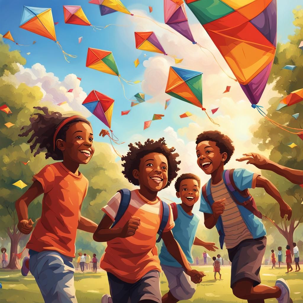 Children Flying Kites in Park: Hyperrealistic Splash Art