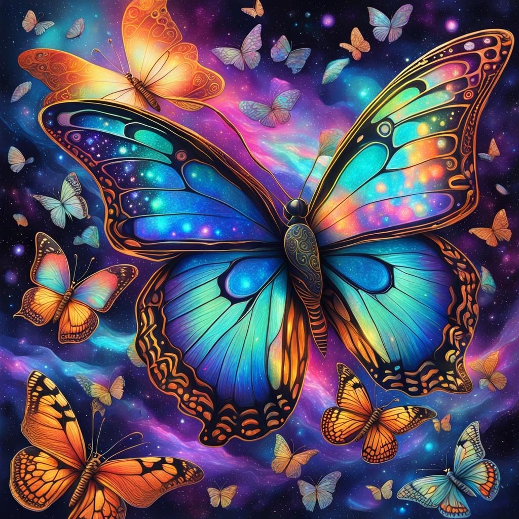 Cosmic Butterflies: Holographic Astral Illustration