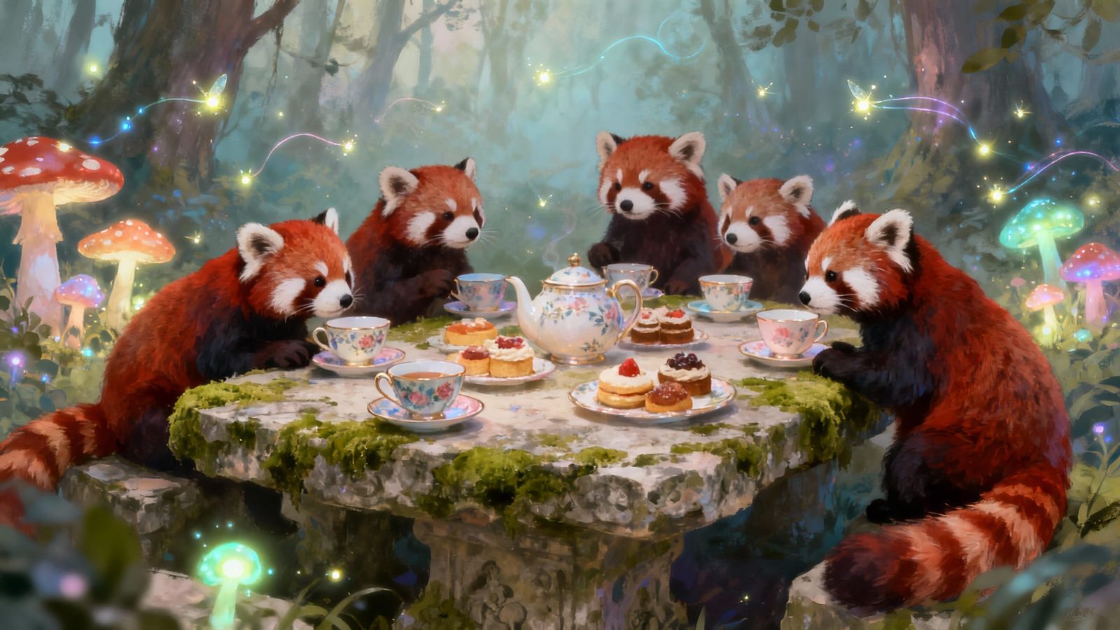 Red Pandas Enjoy a Magical Tea Party in Forest