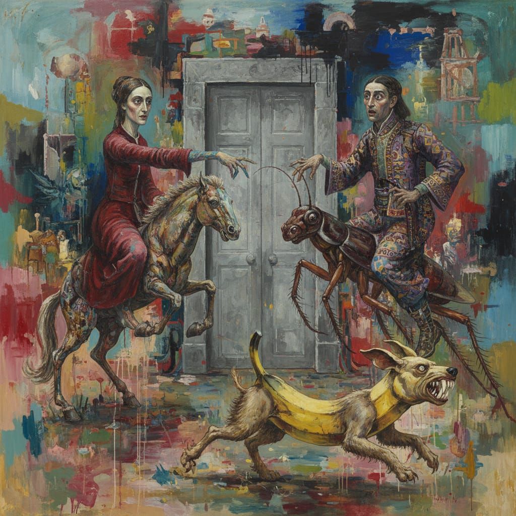 Ancient Figures Ride Giant Cockroaches in Expressive Painted...