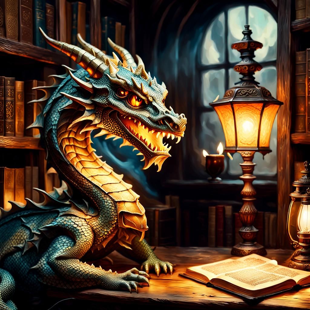 Dragon Lamp in Dimly Lit Room: Oil Painting