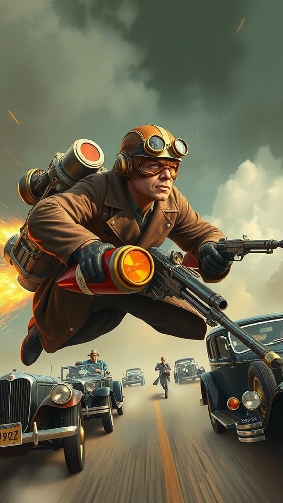 Steampunk Pilot Escapes Vintage Gangsters in Industrial Aest...