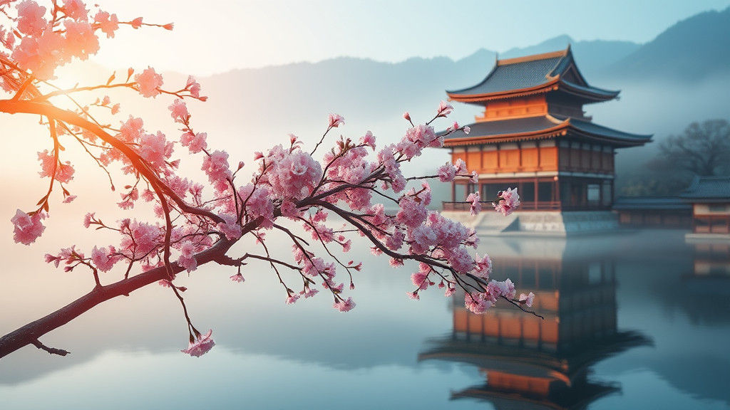 Cherry Blossom and Temple Reflected in Lake