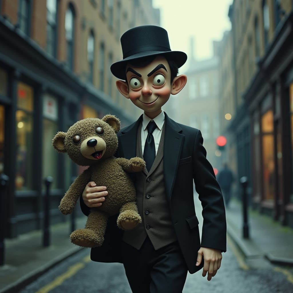 Menacing Mr. Bean in London, Dark Whimsical Style