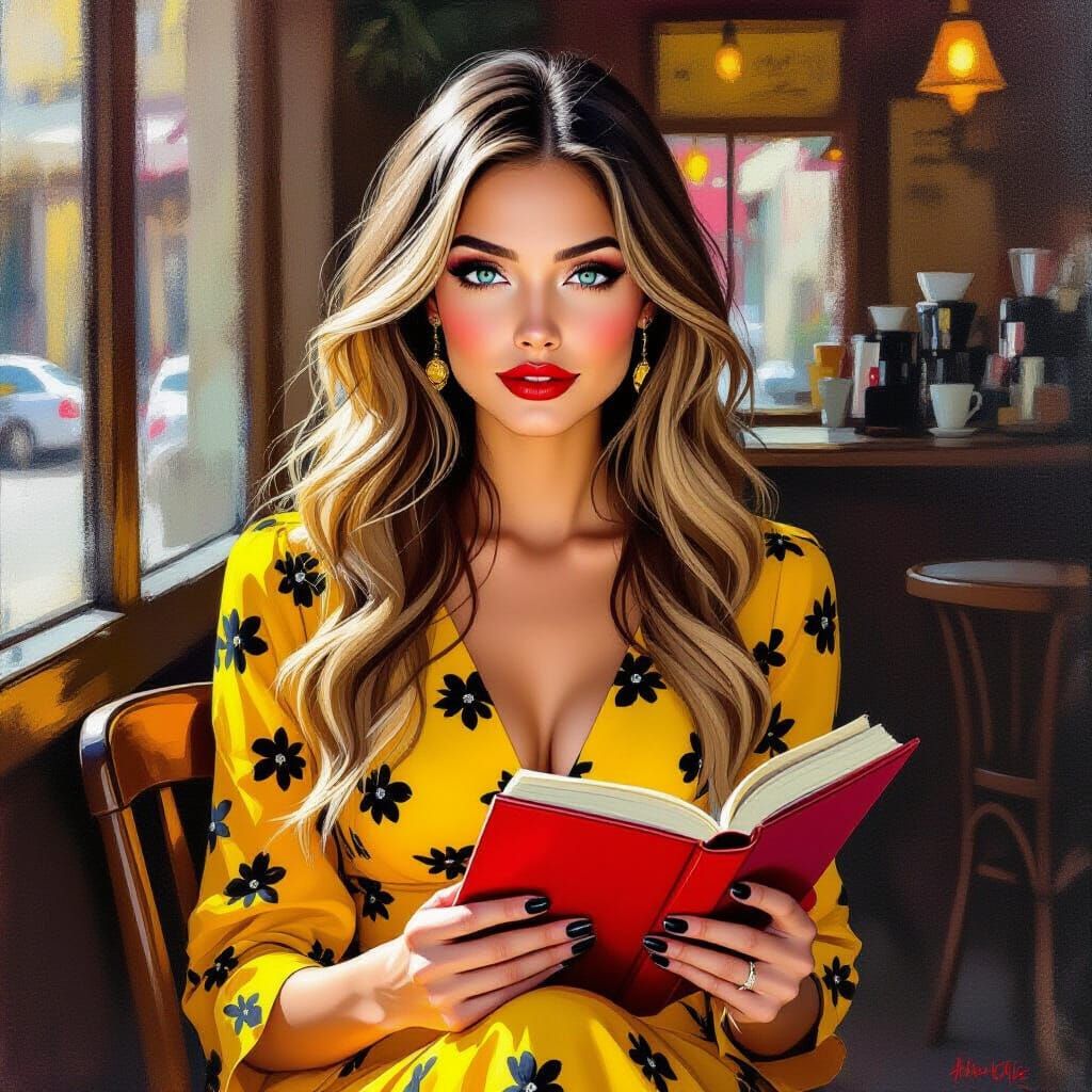 Woman Reading in Coffee Shop, Painterly Style