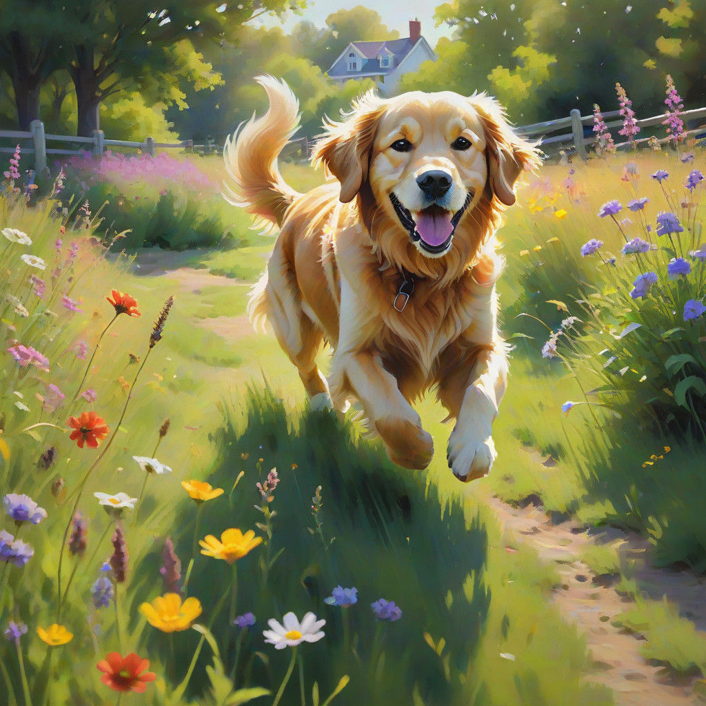 Playful Pets in a Sunlit Yard, Impressionist Style