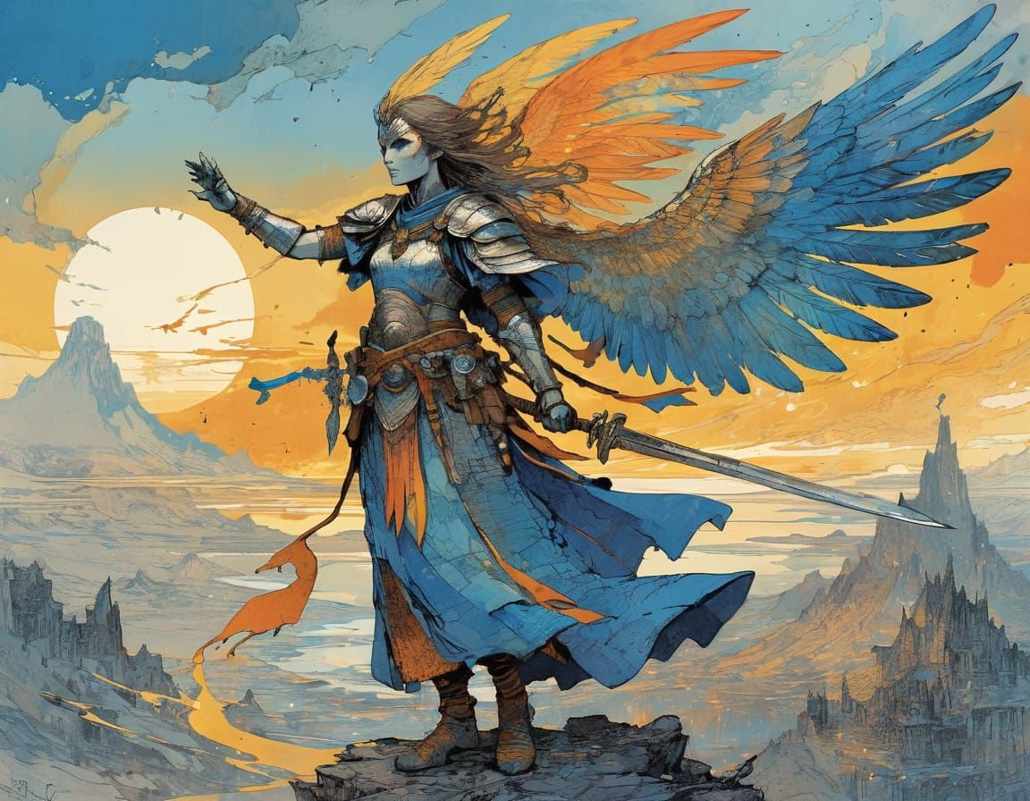 Majestic Winged Warrior Woman in Vibrant Hues