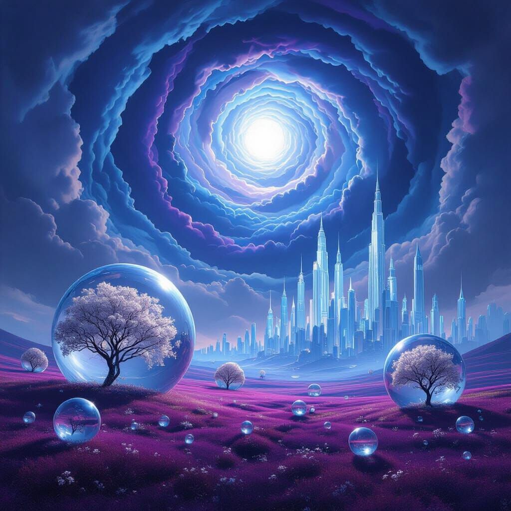 Mystical Landscape with Floating Trees and Futuristic City