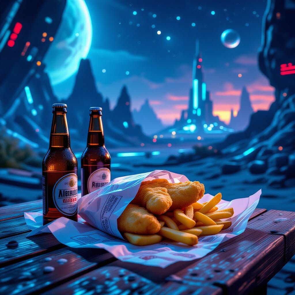 Fish and Chips on an Alien Planet in Cyberpunk Style