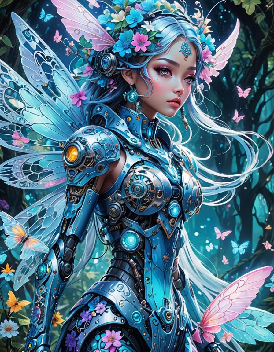 Steampunk Fairy Mech in Bioluminescent Forest