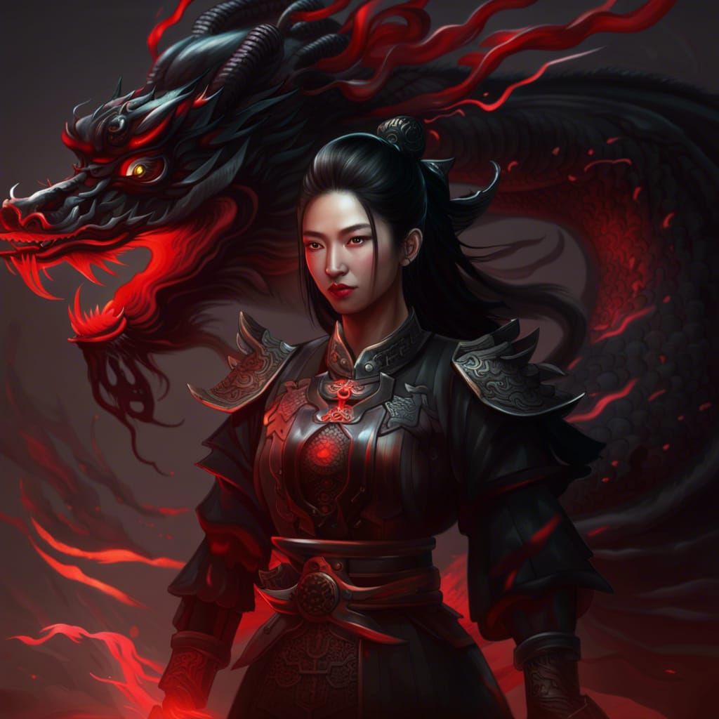 Ancient Chinese Warrior with Dragon in Red Light