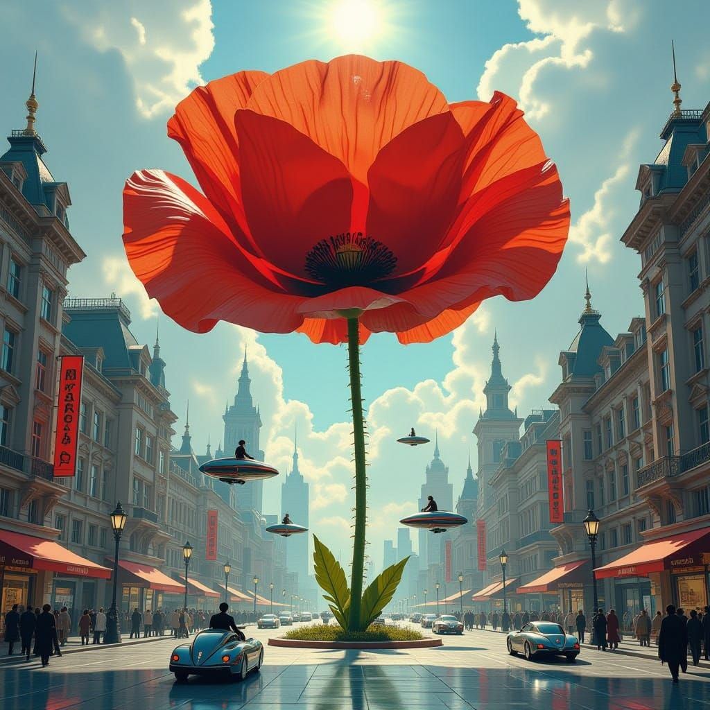 Giant Clockwork Poppy Blooms in Retro-Futuristic City