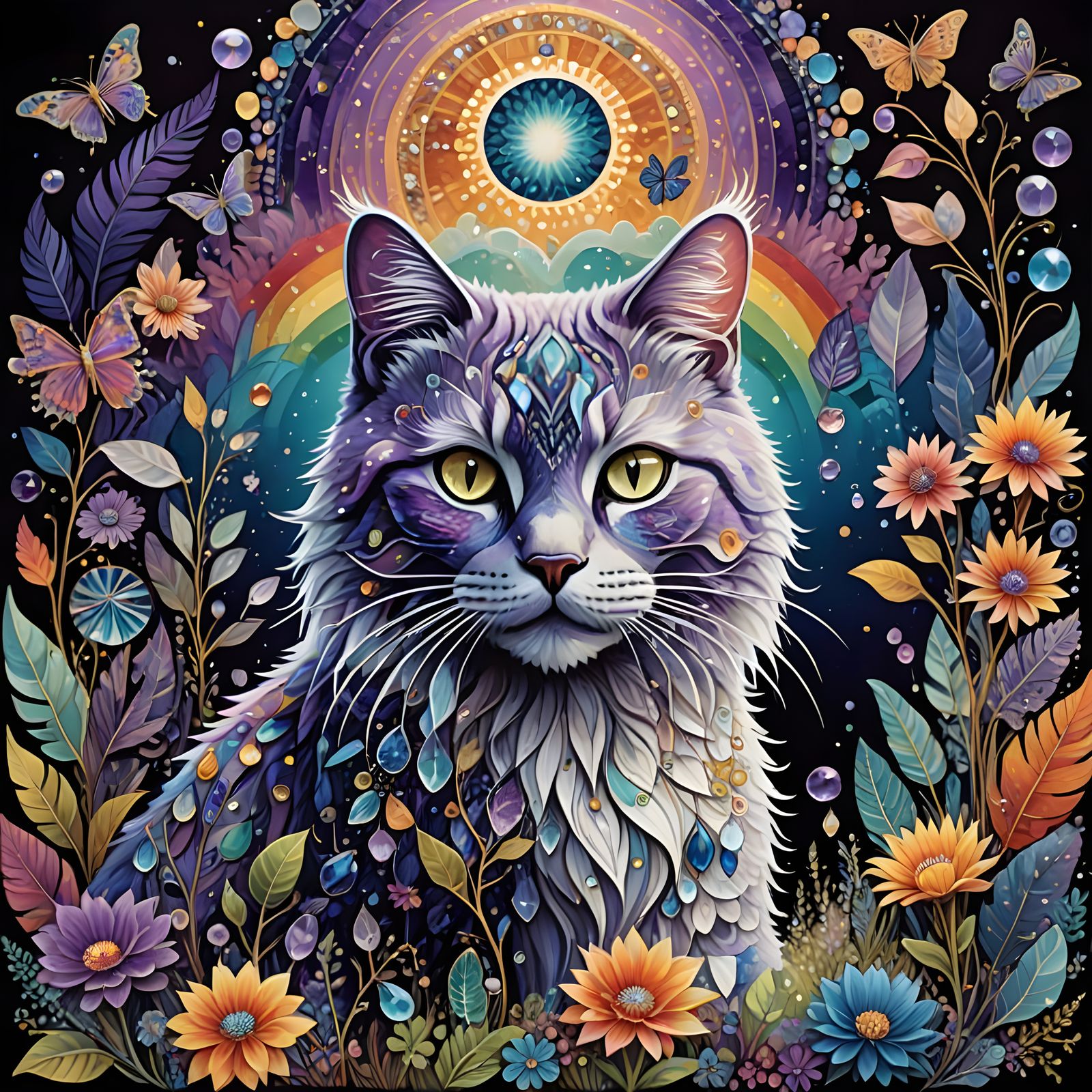 Psychedelic Cat Follows Butterfly in Magical Garden