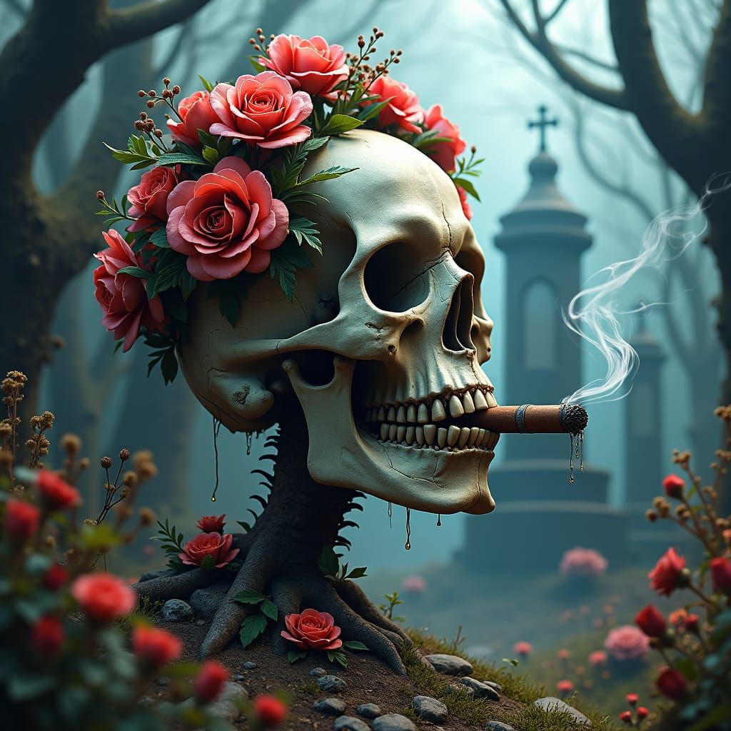 Ornate Skull with Flowers in Cemetery, Detailed Matte Painti...