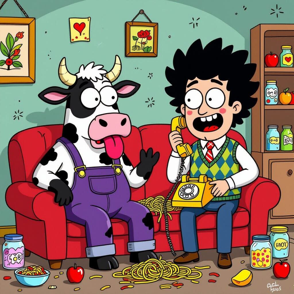 Cartoon Cow on TV Show Set in Cartoon Style