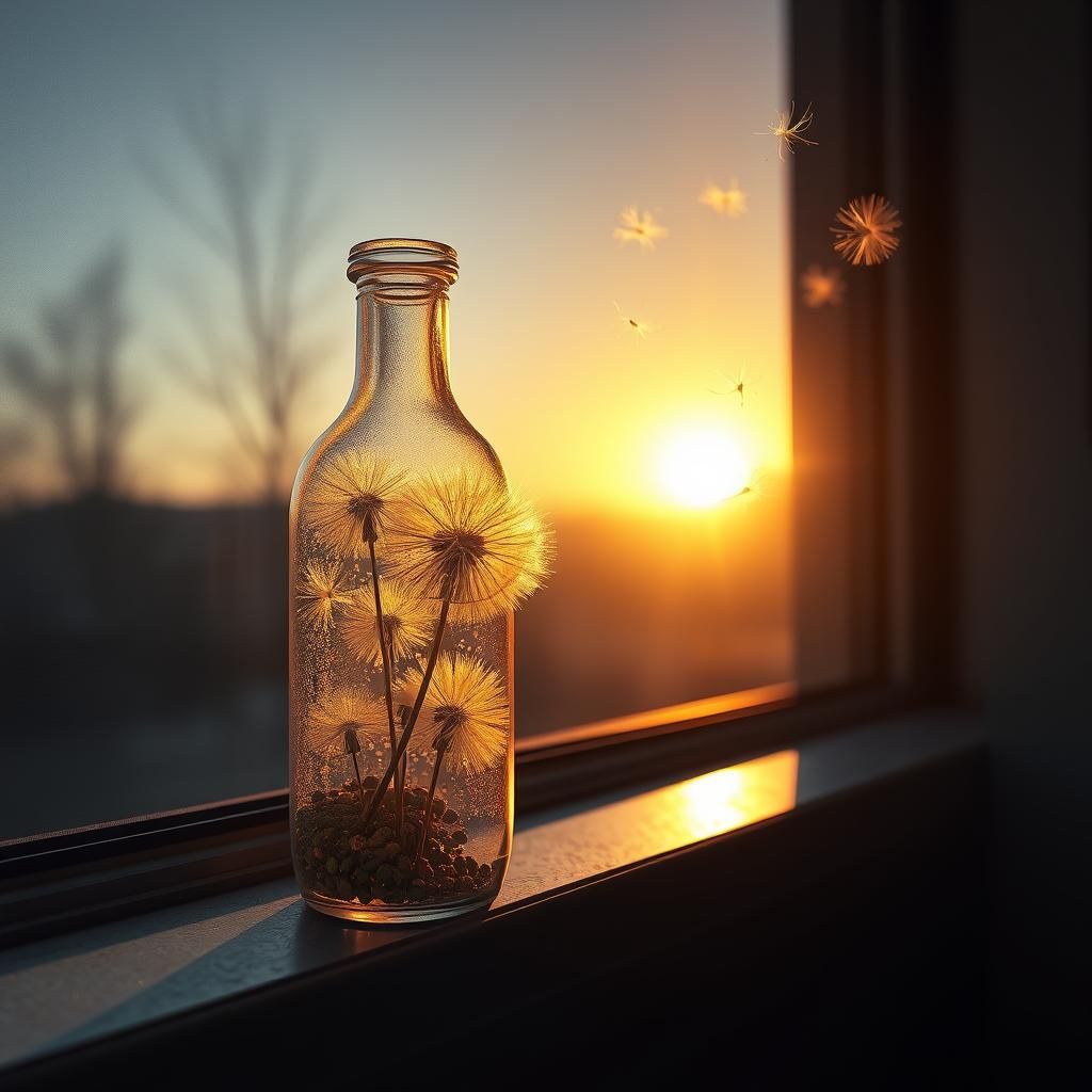 Dandelion Seeds in Glass Bottle: Fantasy Concept Art