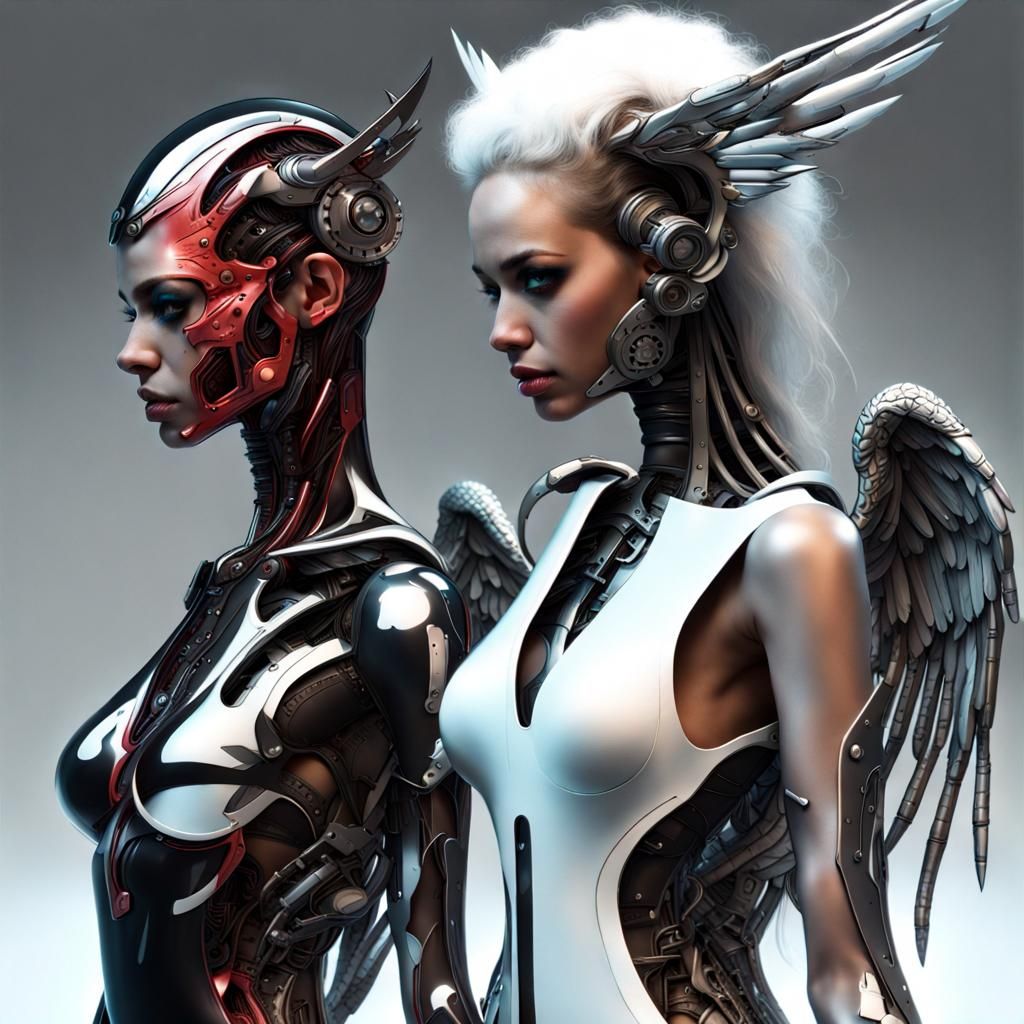 Angel and demon half and half futuristic cyborg style