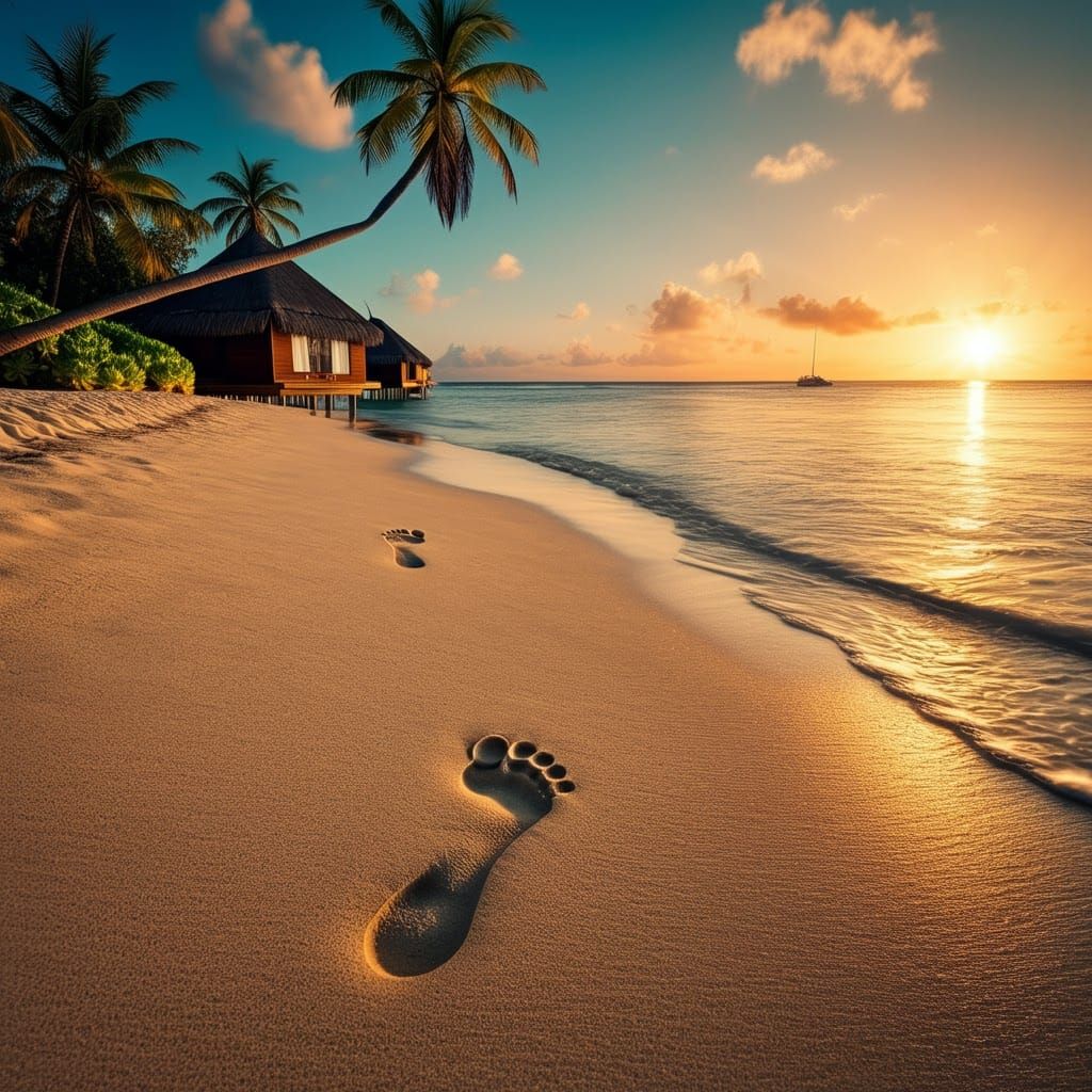 Footprint on Sunny Beach with Water Bungalow