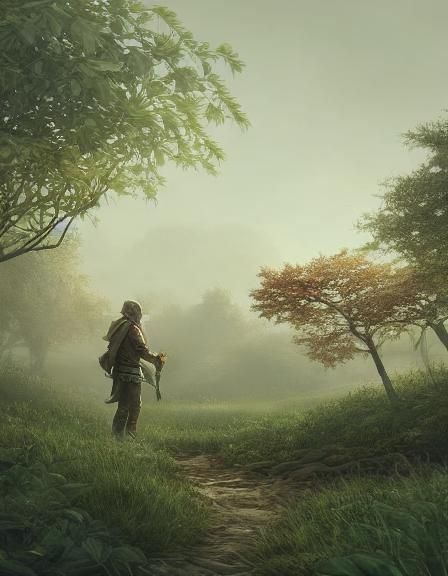 Hunter in Enchanted Forest: Fantasy Oil Painting