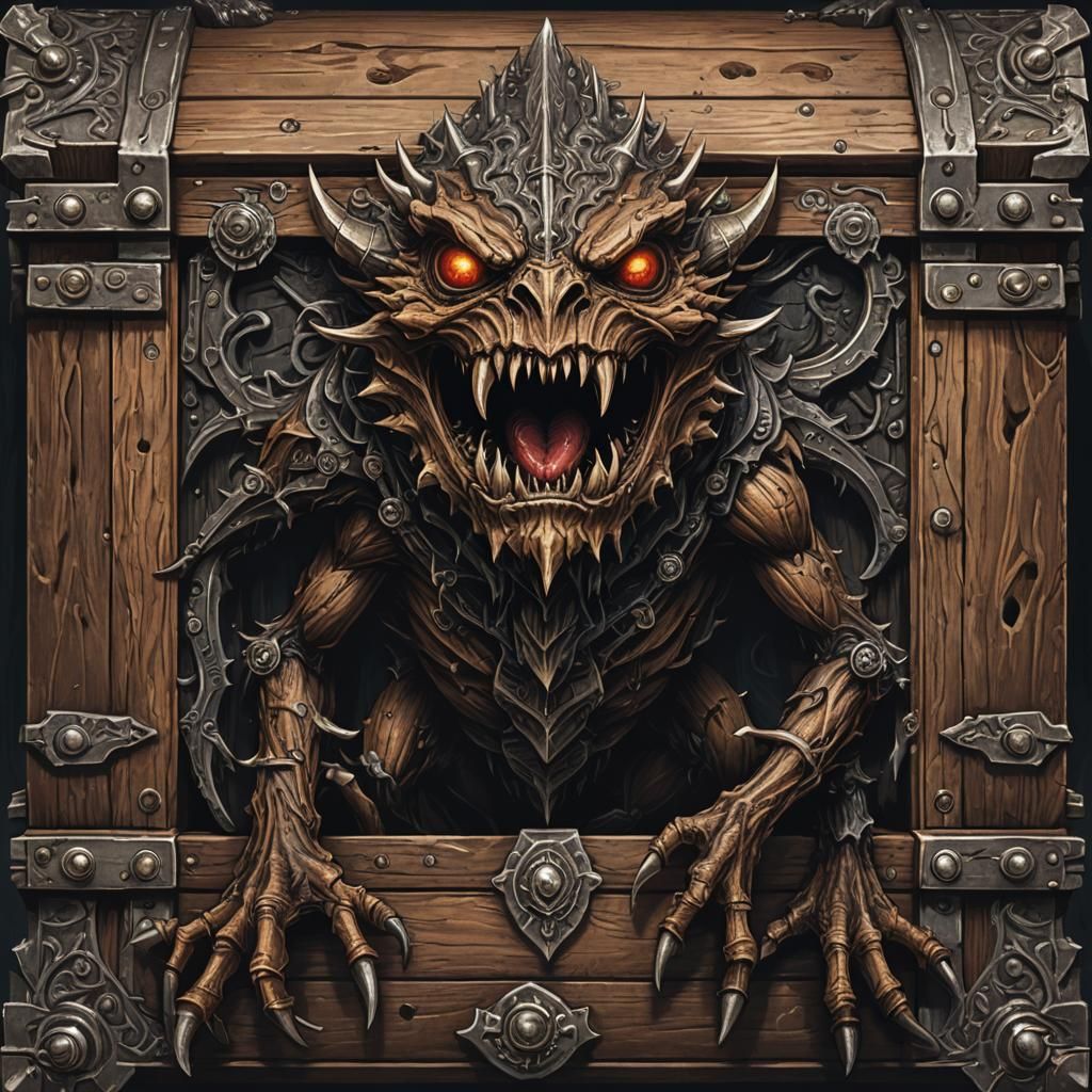 A captivating dark fantasy illustration of a wooden chest mi...
