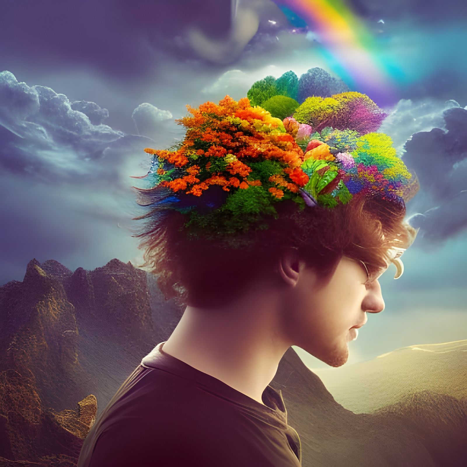 Rainbow Aura Man in Flower Landscape