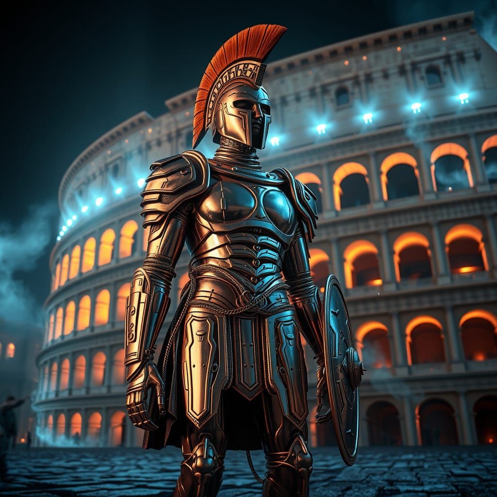 Sci-Fi Gladiator Inaugurates Colosseum in Metallic Armor
