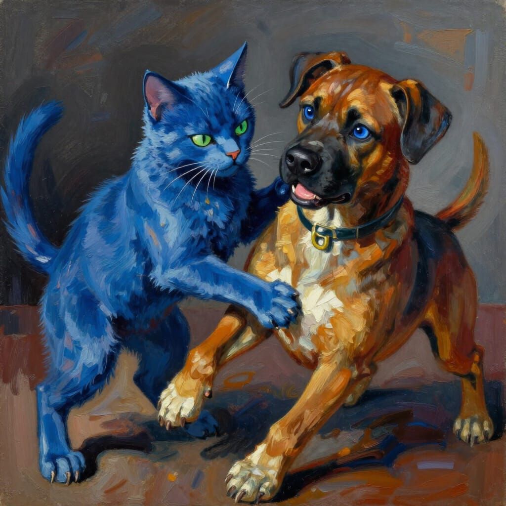Fierce Blue Cat Battles Brown Dog in Dramatic Style