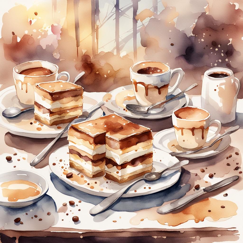 Watercolor Tiramisu Still Life with Soft Anime Food Styling