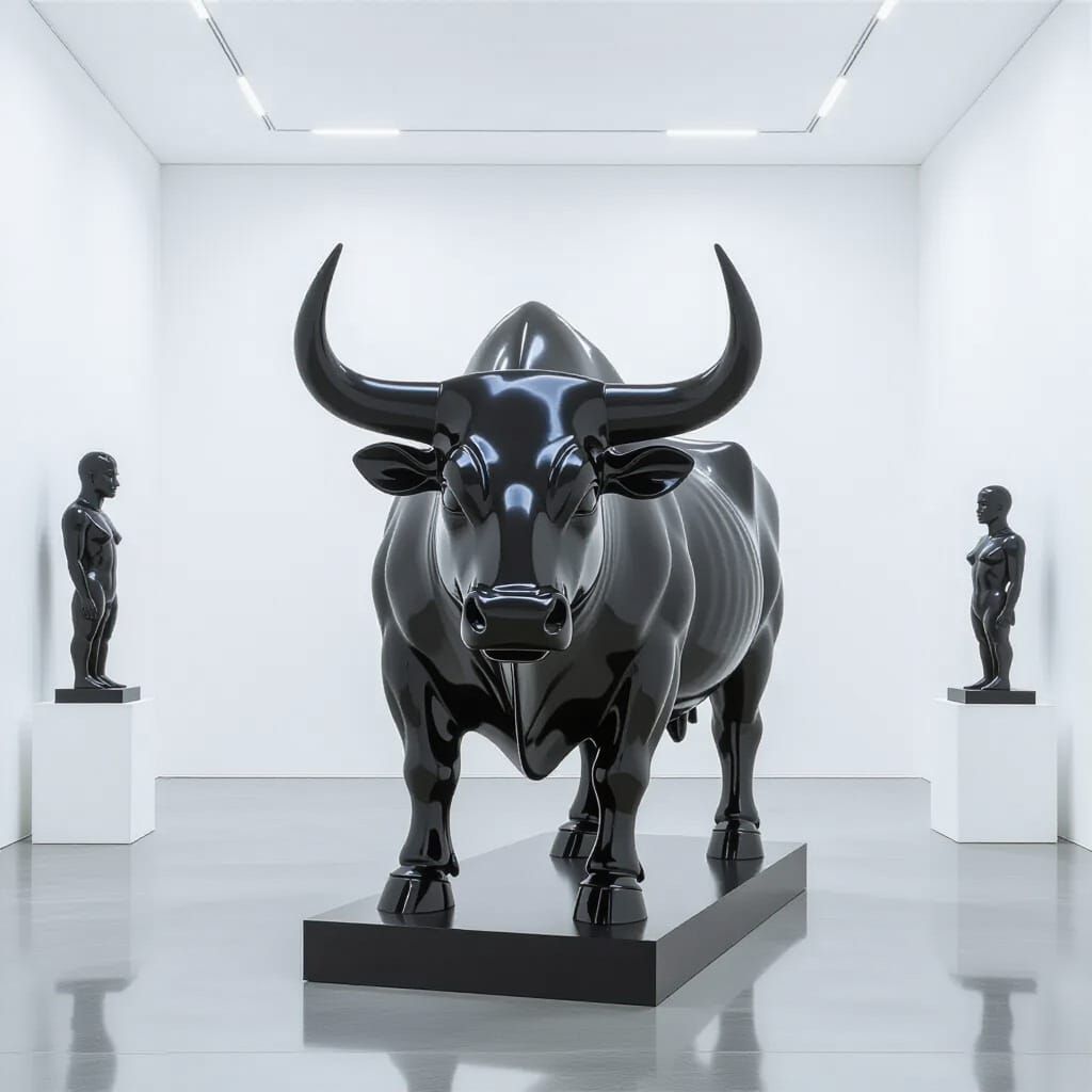 Obsidian Bull Statue in Minimalist Gallery as Brutalist Art